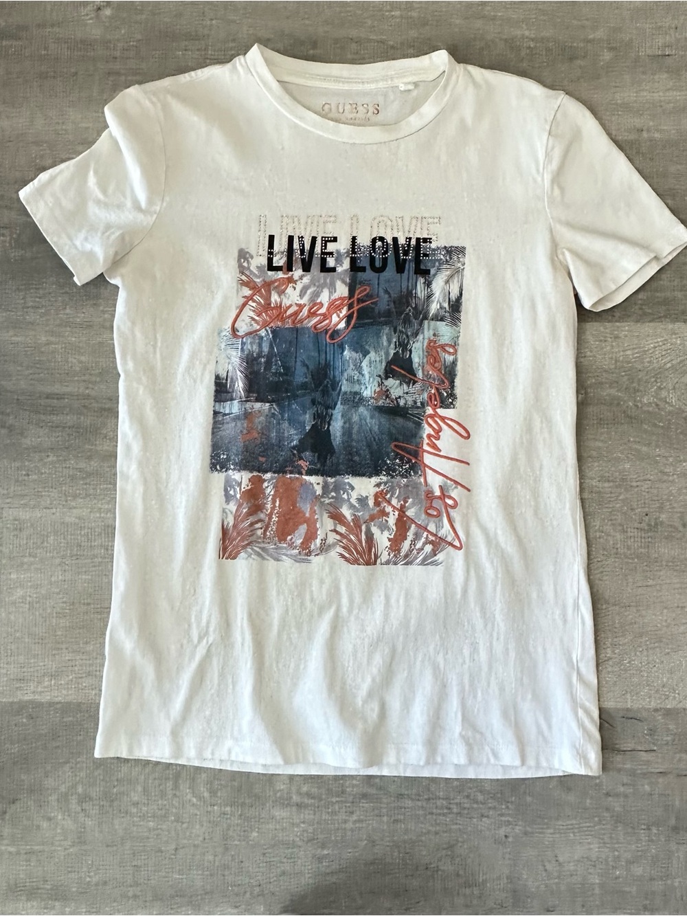 GUESS 'Live Love' Graphic Tee in White with Blue & Rust Print with Gems